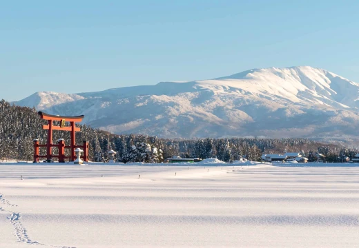 白銀の中に浮かぶ鳥居と雪をまとった月山